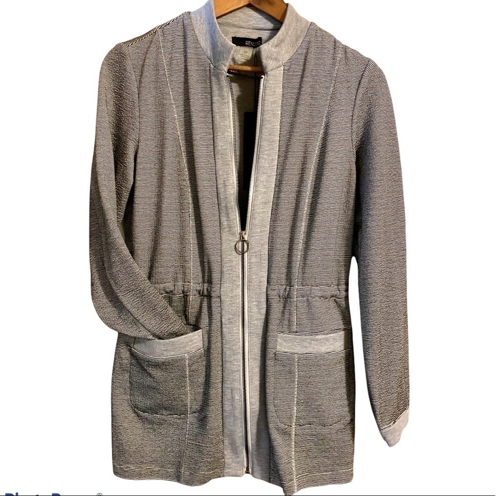 NWT RENUAR| Soft pinstriped collarless grey jacket, drawstring waist.